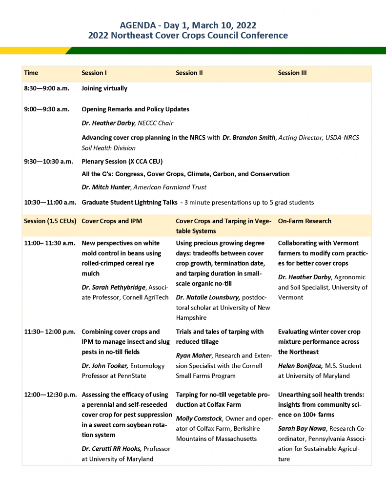 Agenda for Northeast Cover Crops Council Annual Conference - Day 1
