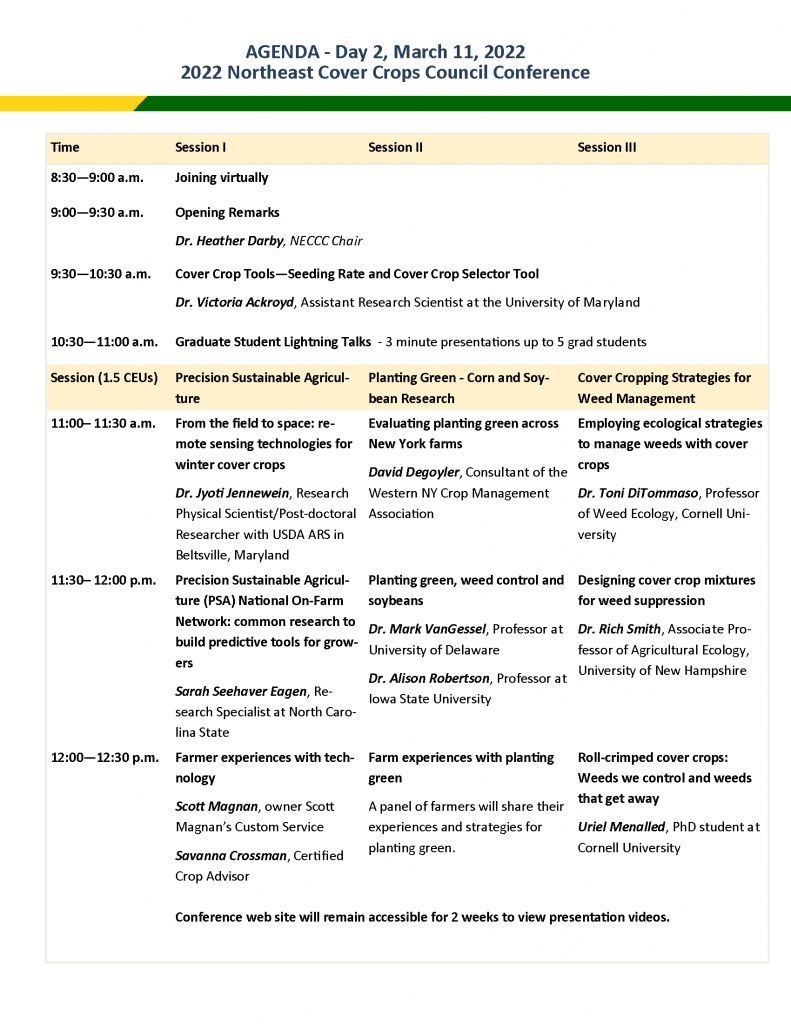 Agenda for Northeast Cover Crops Council Annual Conference - Day 2