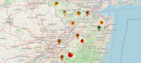 Spray intervals based on nightly pheromone moth captures for the southern part of New Jersey. Note that not all locations in the IPM program are currently trapping. This map is based on the following thresholds: 0 moths = 6-7 day schedule, 1 moth = 5 day spray schedule, 2-20 moths = 4 day spray schedule, 20+ moths = 3 day spray schedule.