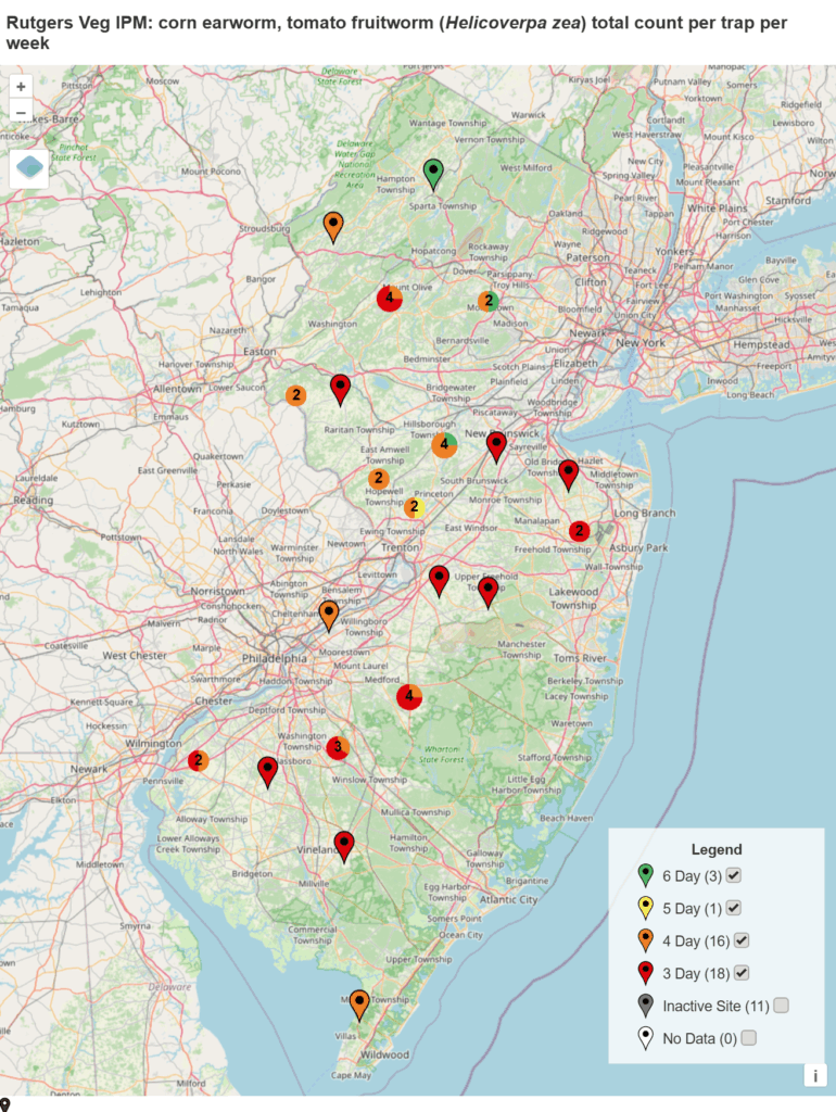 Spray intervals based on nightly pheromone moth captures for the southern part of New Jersey. Note that not all locations in the IPM program are currently trapping. This map is based on the following thresholds: 0 moths = 6-7 day schedule, 1 moth = 5 day spray schedule, 2-20 moths = 4 day spray schedule, 20+ moths = 3 day spray schedule.