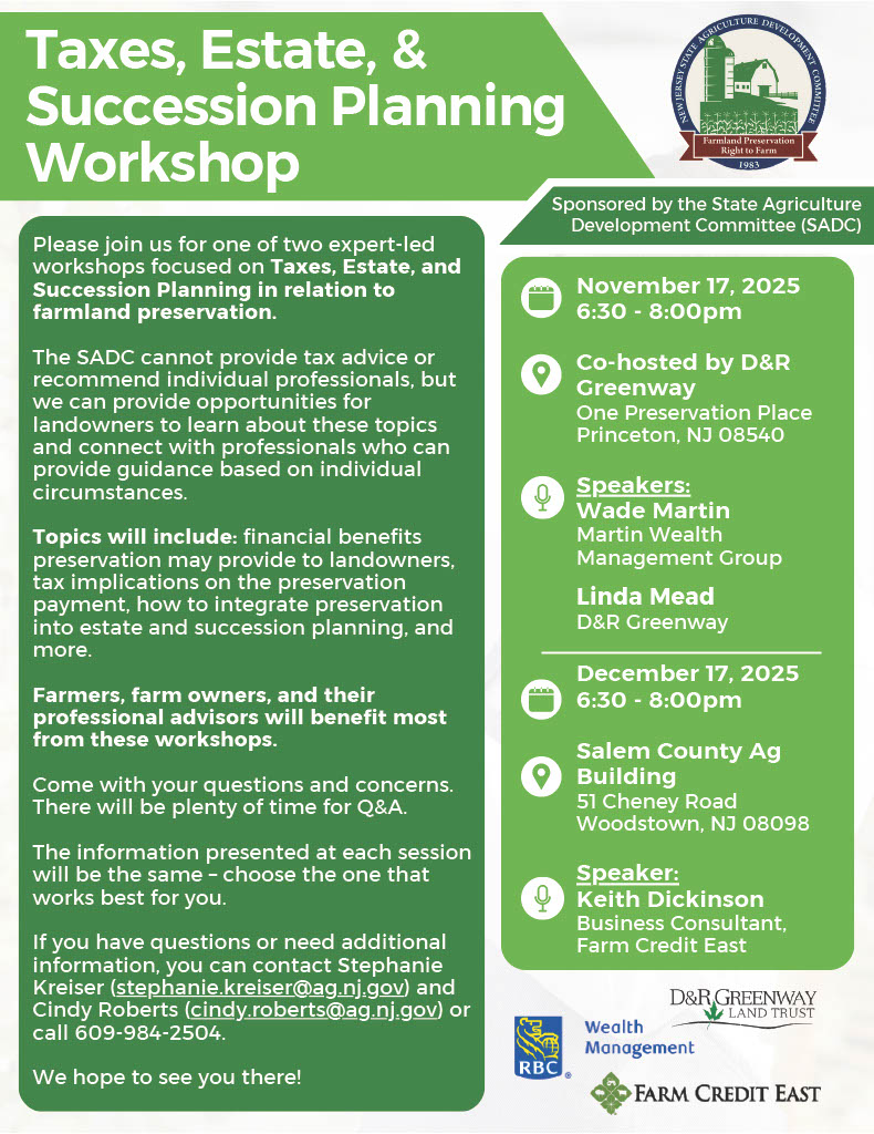 A flyer promoting workshops on taxes, estate, and succession planning