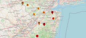 Spray intervals based on nightly pheromone moth captures for the southern part of New Jersey. Note that not all locations in the IPM program are currently trapping. This map is based on the following thresholds: 0 moths = 6-7 day schedule, 1 moth = 5 day spray schedule, 2-20 moths = 4 day spray schedule, 20+ moths = 3 day spray schedule.