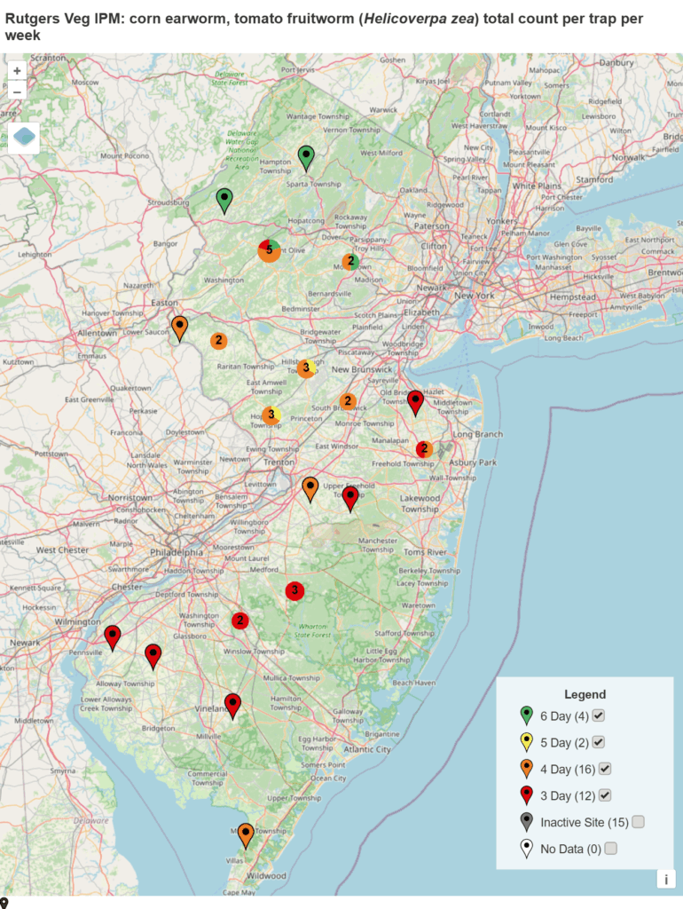 Spray intervals based on nightly pheromone moth captures for the southern part of New Jersey. Note that not all locations in the IPM program are currently trapping. This map is based on the following thresholds: 0 moths = 6-7 day schedule, 1 moth = 5 day spray schedule, 2-20 moths = 4 day spray schedule, 20+ moths = 3 day spray schedule.