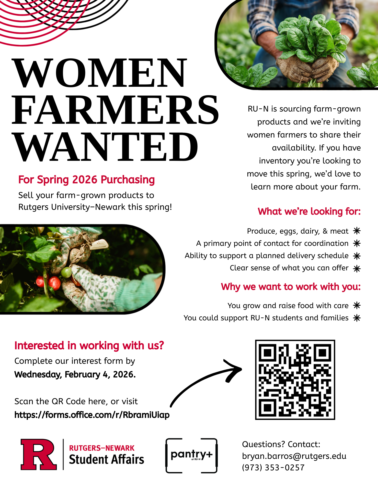 Flyer soliciting women farmers to supply produce to a food pantry at Rutgers-Newark.